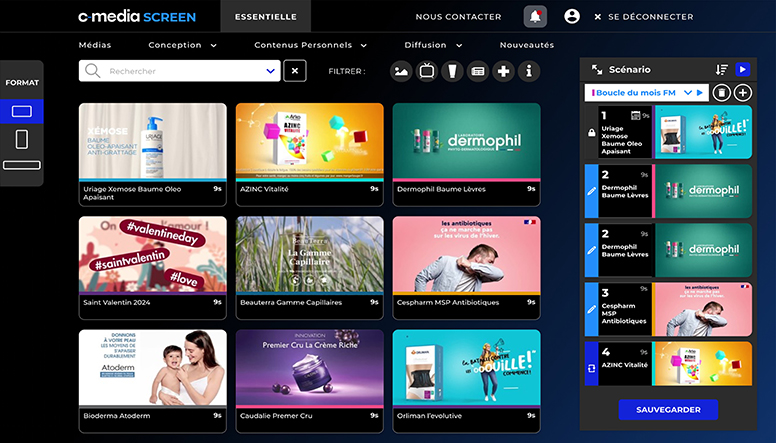 Médias sur une plateforme permettant la diffusion de contenus publicitaires en pharmacie (C-MEDIA Screen)